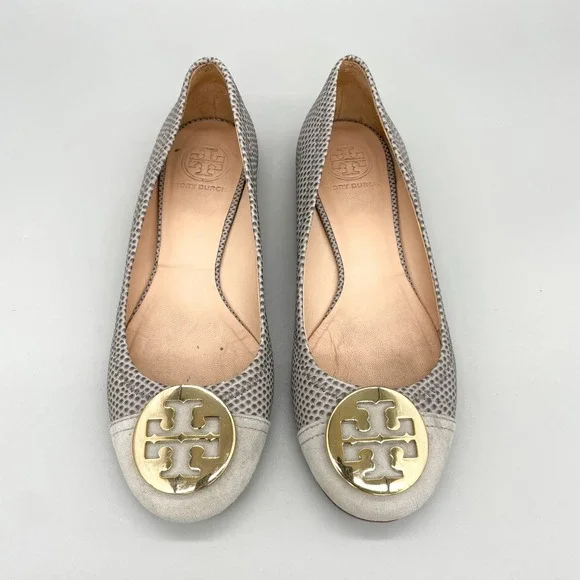 Tory Burch Serena Womens 7M Grey Snake Print Leather Ballet Flats Logo Preppy