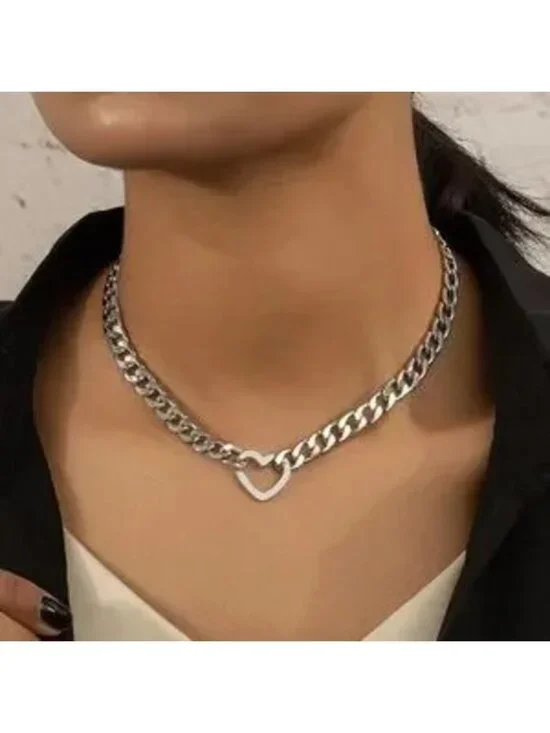 Silver Heart Chain Necklace Chunky Choker