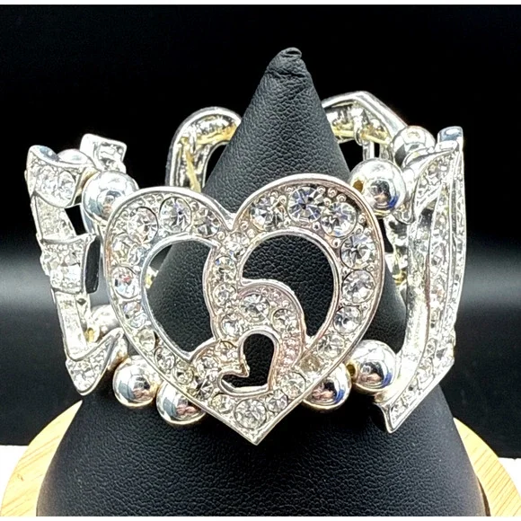Crystal‎ Bracelet LOVE Bling Rhinestone Heart Silver Tone 6.5