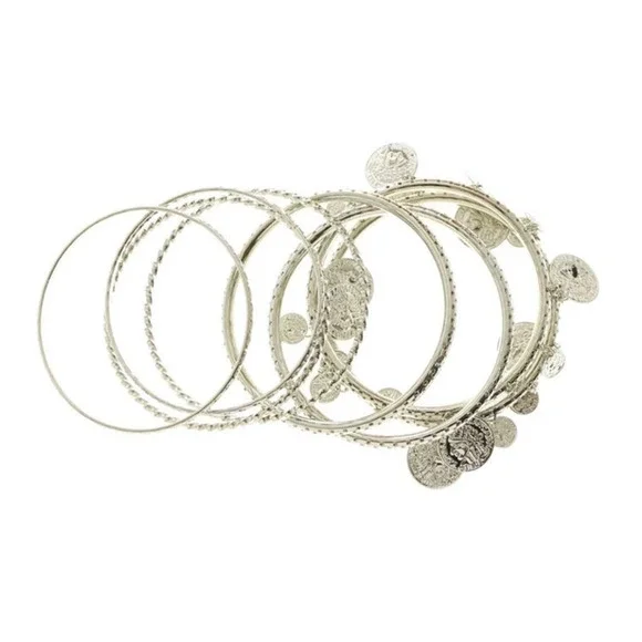 Erica Lyons Designer Silver Tone‎ Coin Charm Bangle Set New