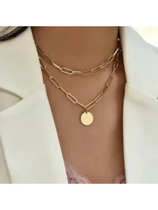 Gold Tone Paperclip Chain Layered Necklace with Round Pendant C Choker