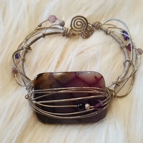 HANDMADE PURPLE WIRE WRAPPED‎ SILVER  BRACELET Large Amethyst Stone