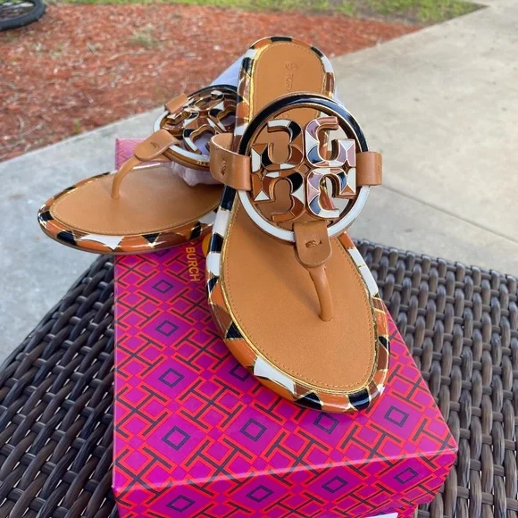 Tory Burch Tan Logo Sandals with tortoise shell colored Brown/black/white trim