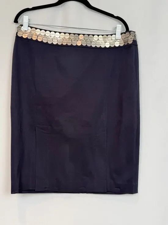 Tory Burch Navy Pencil Skirt Sz 12 Paillette Disc Waistband