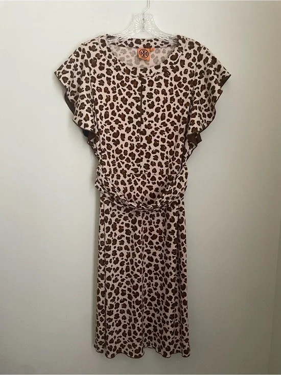 Tory Burch Gladys Animal Print Cocktail Dress Brown Ruffle Sleeve Women’s M
