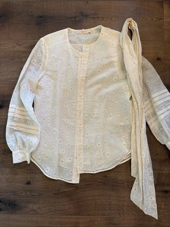 Tory Burch Cream Daisy Eyelet Button-Down Shirt with Scarf