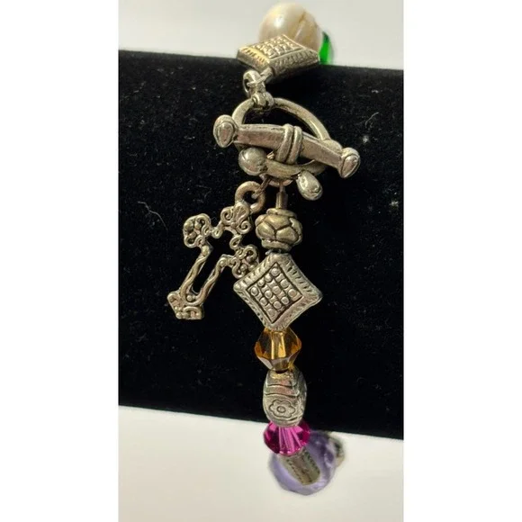 Y2K Charm Bracelet Silver Tone Purple‎ Green Yellow Beads Cross Crucifix