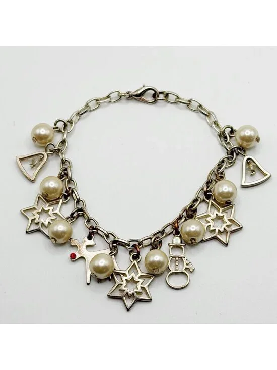 Snowflake,‎ Snowman, Reindeer Faux Pearl Silvertone Bracelet 7”