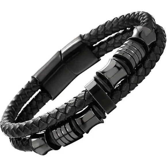 Stainless Steel Genuine Leather Men Strength Fashion Bangle Wrap Bracelet‎