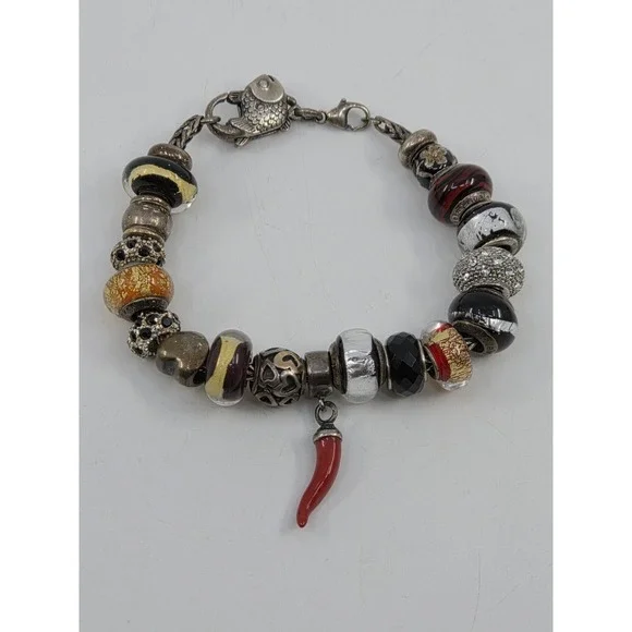 Trollbeads‎ LAA 925 Silver Fish Lock Bracelet Murano Glass Red Cornicello Charm