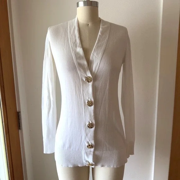 TORY BURCH Simone Cardigan 100% Cotton-White-Gold Logo Button-Lightweight-Sz XS