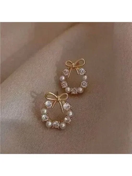 Gold Circle Bow Crystal Pearl Earrings