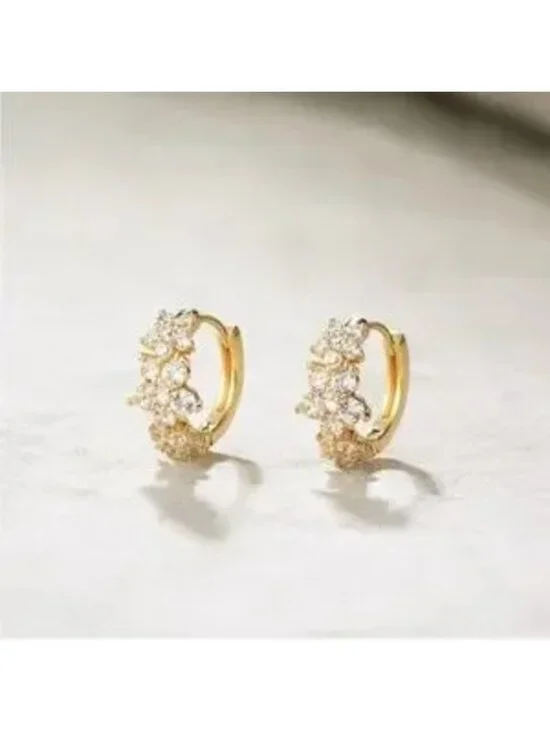Gold 14k Gold Plated Flower CZ Hoop Earrings