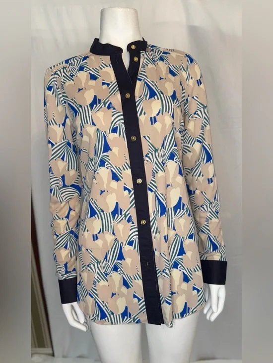 Tory Burch Navy-Trim Floral Button Shirt with Gold Buttons