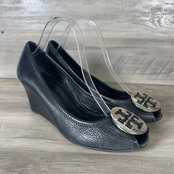 Tory Burch Womens 10 Black Leather Sally 2 Peep Toe Wedge Pumps Office Secretary