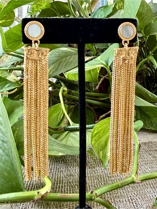 Tory Burch Dramatic Gold ChainTassel Earrings MOP Cabochon Pierced/Post