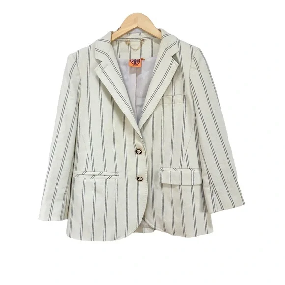 Tory Burch Pin Striped Single Breasted Blazer Jacket Beige Cream Women’s Sz 8‎