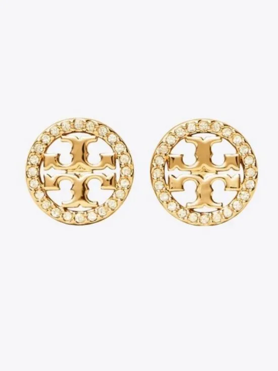 Tory Burch Miller Crystal Logo Stud Earrings Gold Tone Pavé Double T Earrings