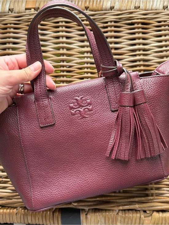Tory Burch Mini Tote in Burgundy with Tassel And TB Key Chain