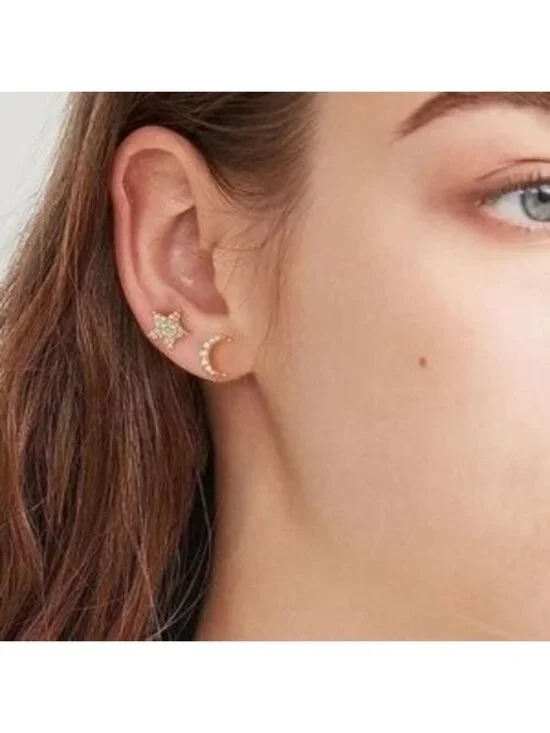 Gold 14k Gold Plated Moon Star CZ Stud Earrings