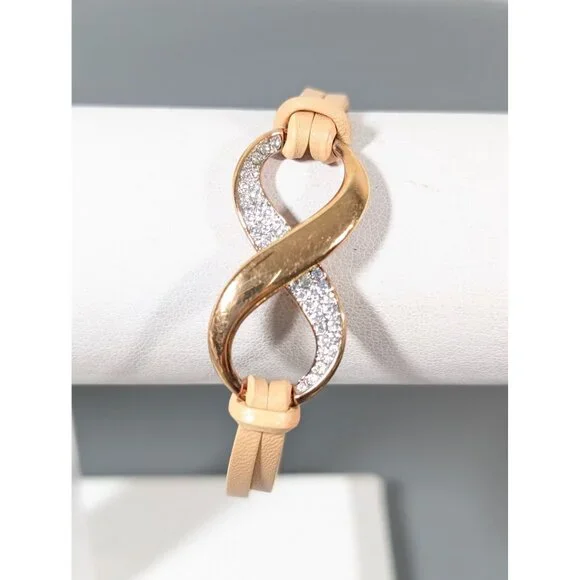 Swarovski Leather Infinity Crystal Bracelet‎ Gold Tone Tan 6.5