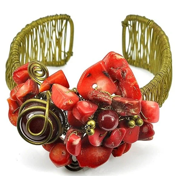 Handmade Brass Bangle Bracelet with Red Agate -‎ Adjustable