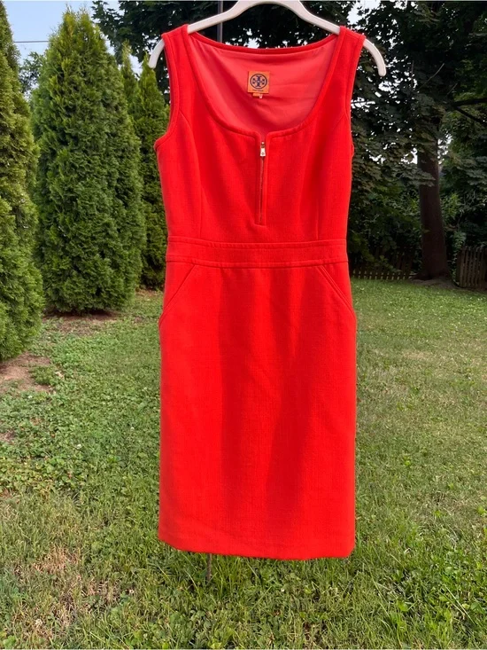 Tory Burch Bright Orange Sleeveless Zip-Front Midi Dress with pockets.