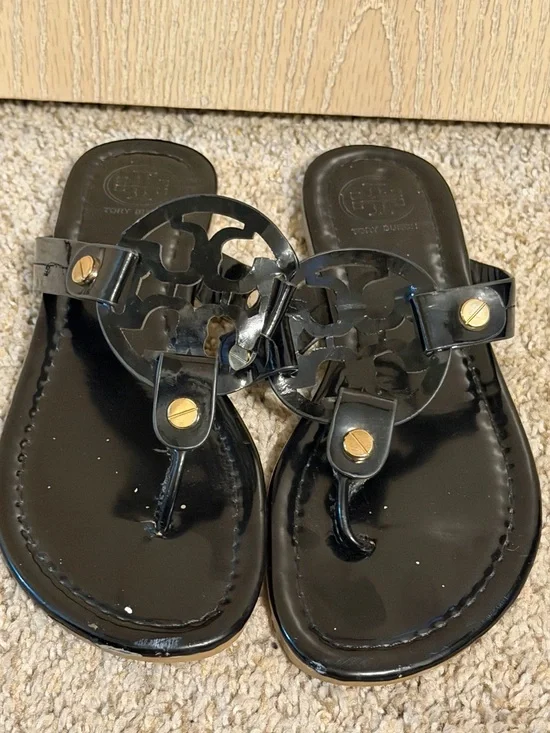 Tory Burch Black Patent Logo Thong Sandals with Gold Accents