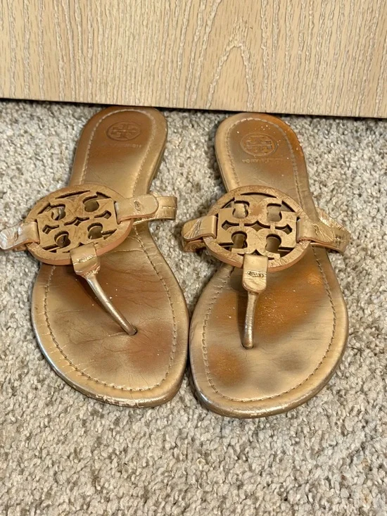 Tory Burch Metallic Bronze Logo Thong Sandals