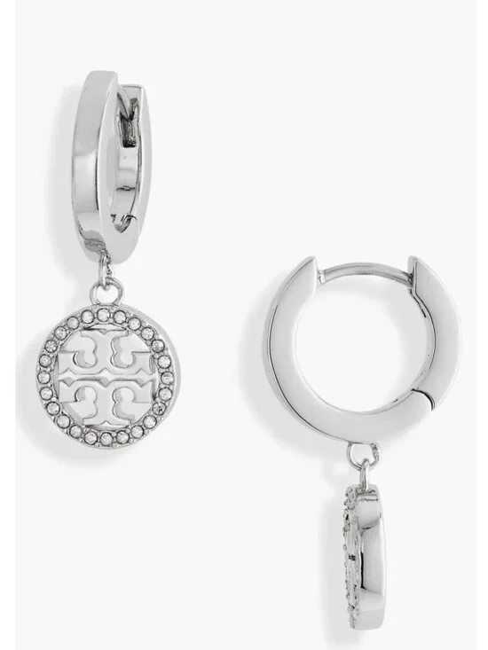 Tory Burch Silver Mille Pave Hoop/Huggie Earrings