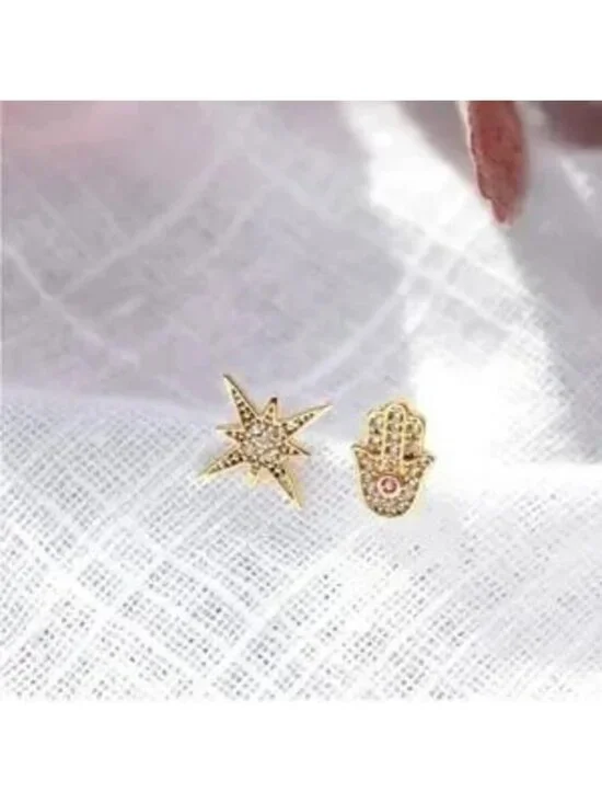 Gold 14k Gold Plated Hamsa Star CZ Stud Earrings