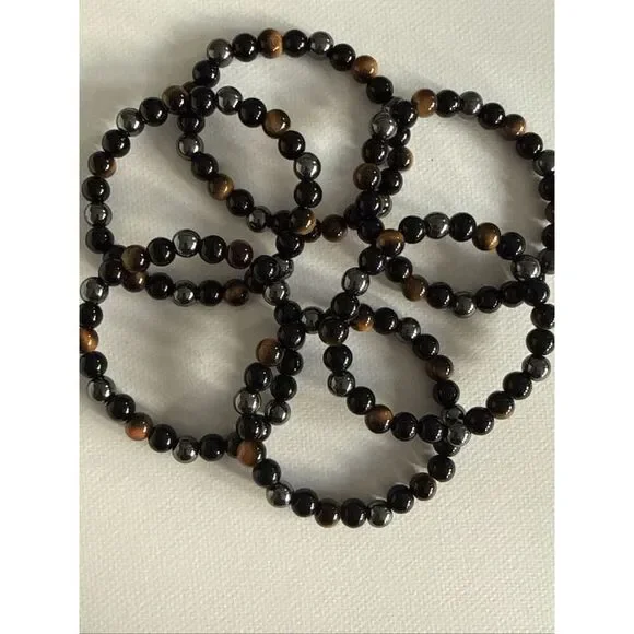 Set of 6 Tiger’s Eye Pattern and Hematite Finish Stretch Bracelets