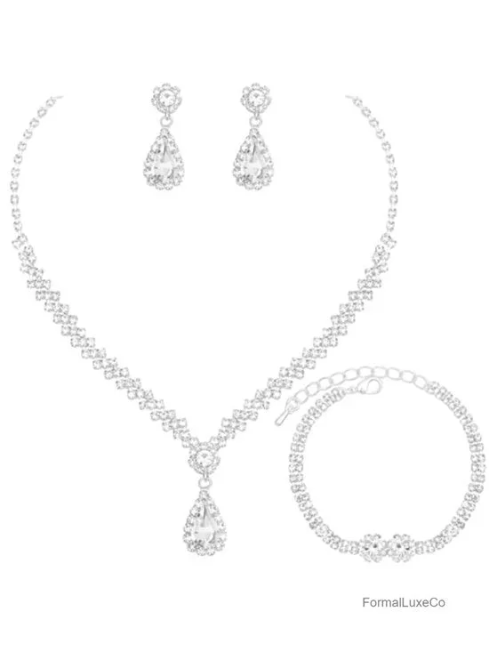 Elegant Crystal Necklace Earrings Bracelet Set Silver Bridal Wedding Jewelry