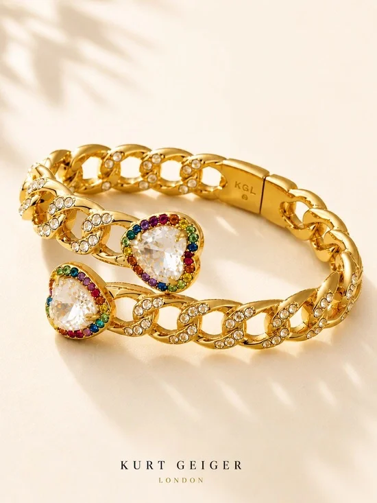 Kurt Geiger London Rainbow Crystal Heart Chain Bangle Gold Tone NWT