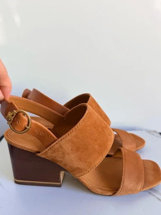 Tory Burch Suede Block Heel Sandals in Cognac Brown