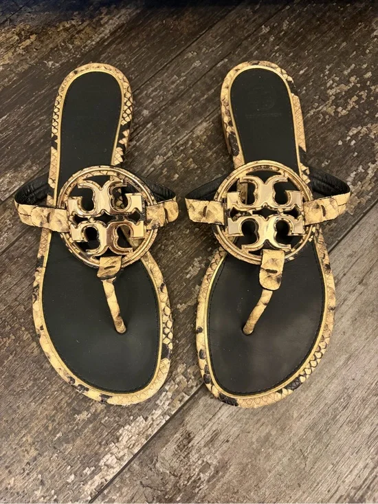 Tory Burch Snake-Print Logo Thong Sandals in Yellow and Black