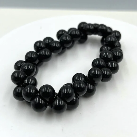 Vintage‎ Black Double Strand Beaded Stretch Bracelet Glossy Round Beads Classic