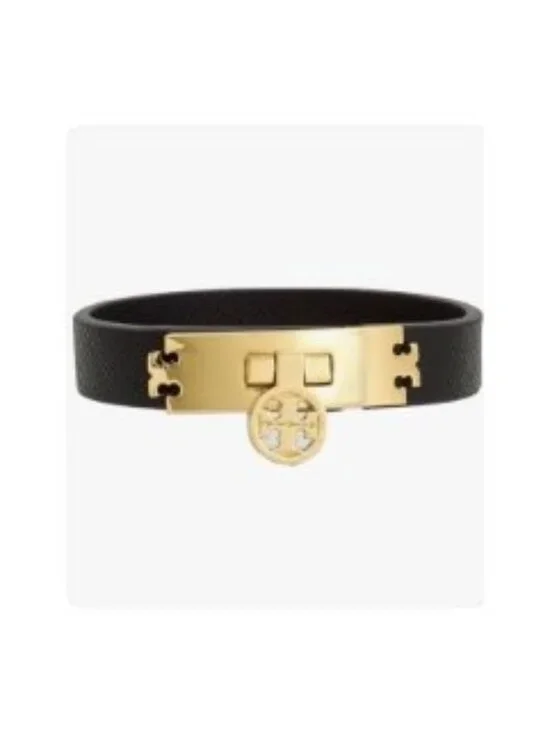 TORY BURCH Black Gold Logo Turn Lock Saffiano Leather Bracelet
