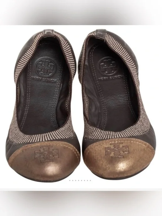 Tory Burch Bronze Metallic Cap-Toe Brown Ballet Flats