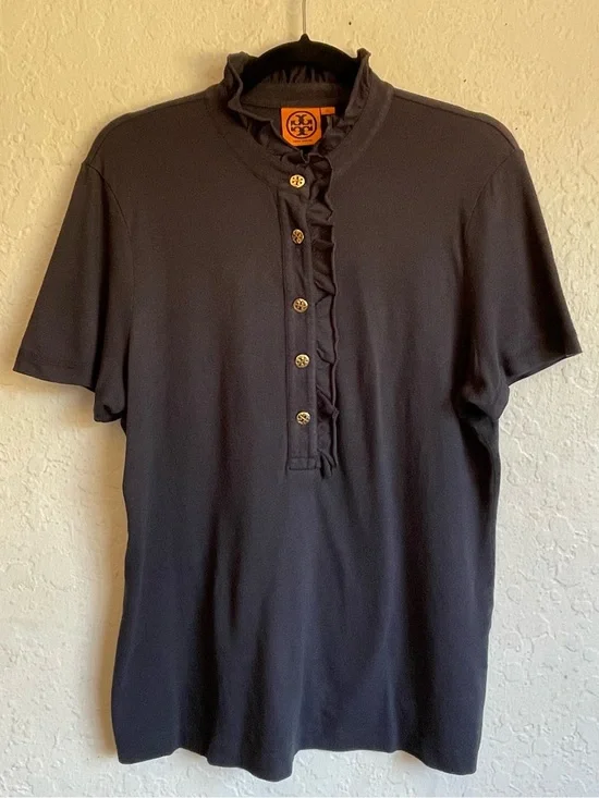 TORY BURCH LIDIA POLO SHIRT Navy Short-Sleeve Ruffle-Placket Polo XL