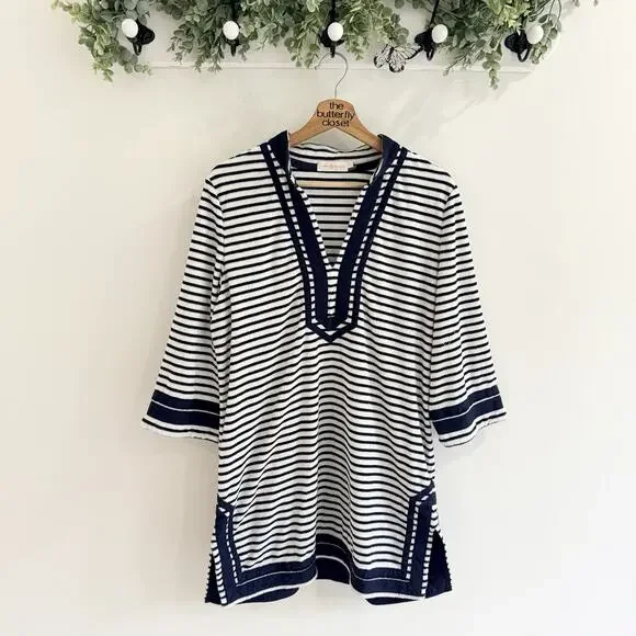 Tory Burch Navy/White Striped Tunic Terry Cloth swim coverup Size Large A5433
