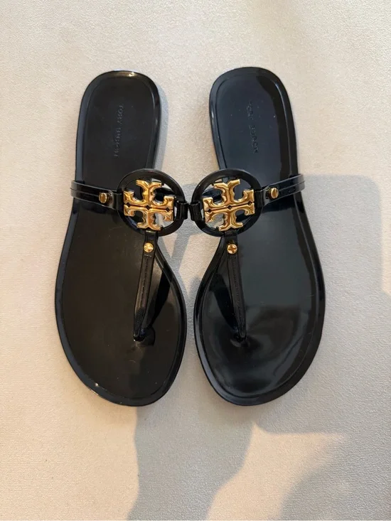 Tory Burch Black Patent Miller Jelly Thong Sandals with Gold Logo Accents