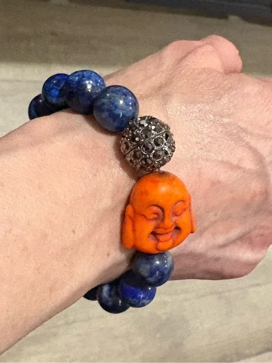 Vintage Lapis Lazuli Buddha Stretch Bracelet Crystal Pave Bead Artisan OOAK