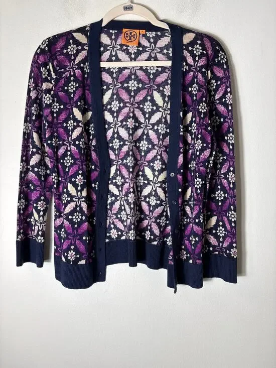 Tory Burch Purple Off White Long Sleeve Wool Cardigan Sz M