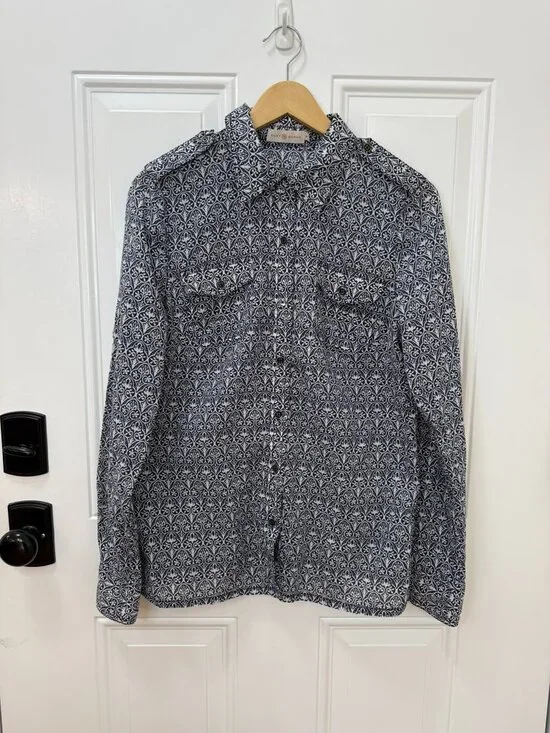 Tory Burch Brigitte Printed Button Down Blouse Blue White Cotton Size 10