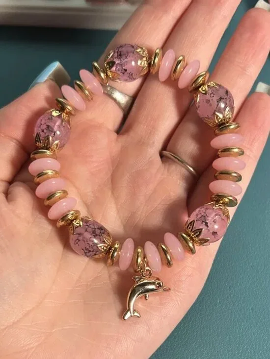Gold Dolphin Charm Pink Crackle Glass & Disc Beaded Stretch Bracelet