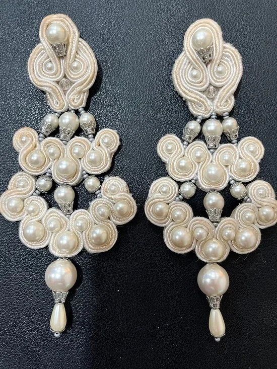 Tory Burch Chandelier Earrings Leather Beaded Ivory Pearl