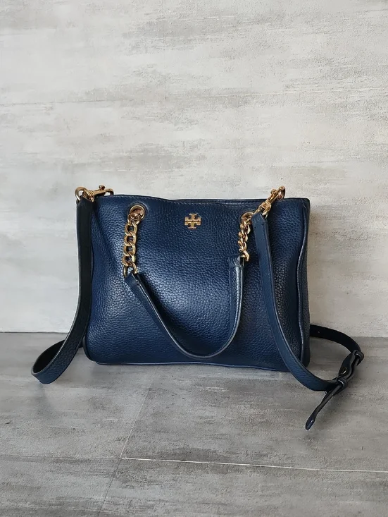 Tory Burch Small Carter Navy Pebbled Leather Crossbody Tote