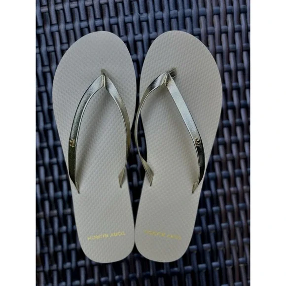 Tory Burch Metallic Gold Strap Logo Beige Flip Sandals 9M NWOB