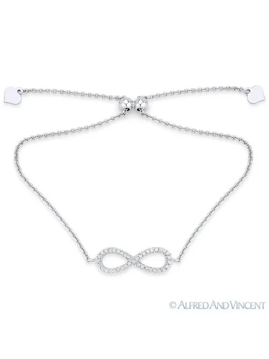 Infinity Figure 8 & Heart Charm CZ Crystal Bolo Bracelet in .925 Sterling Silver